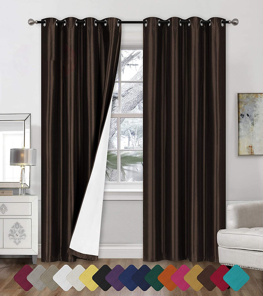Sapphire Home Faux Silk Blackout Curtains - 2-Panel Sets of 54x95 Room Darkening Black Out Curtains for Bedroom - Durable Thermal Insulated, Sun and Sound Blocking Dark Window Curtain - (FS3, 95", Coffee/Brown)