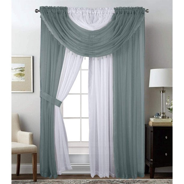 Complete Window Sheer Voile Curtain Panel Set with 4 Attached