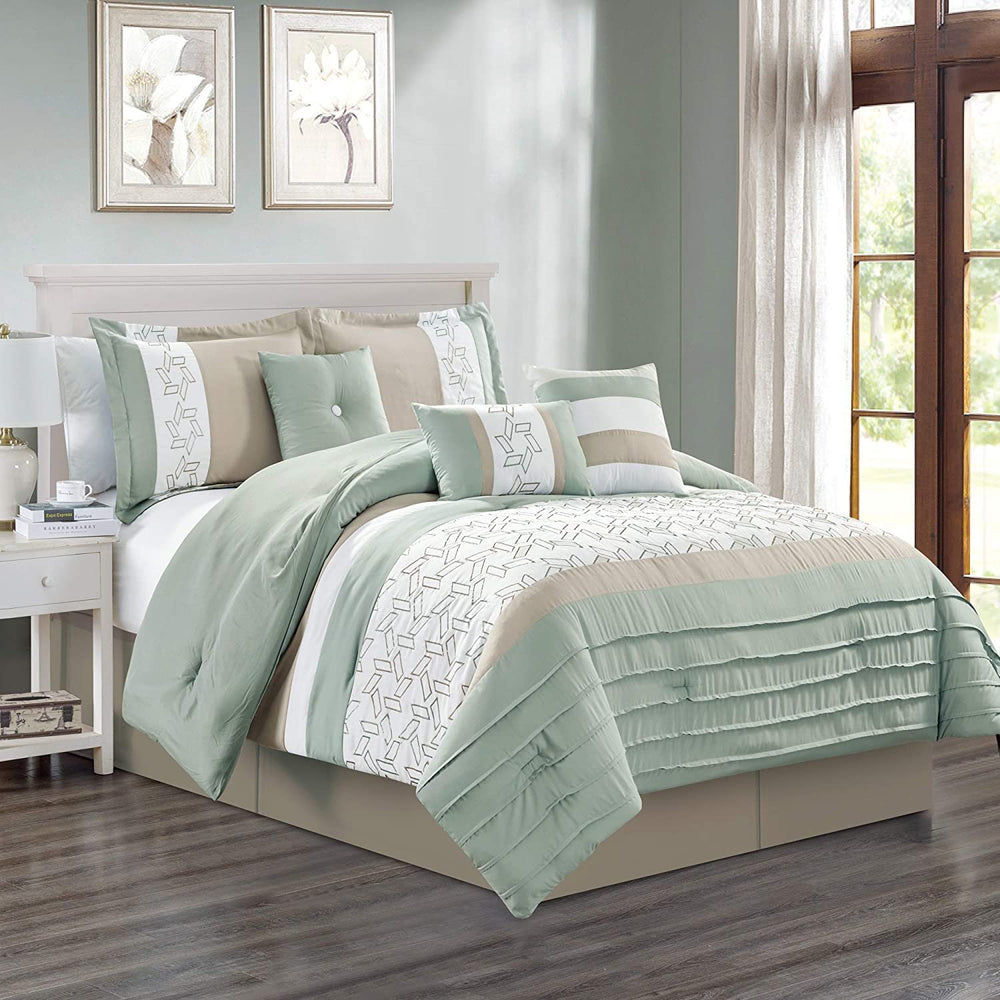 Sapphire Home Luxury 7 Piece California-King Comforter Set with Shams Bed-Skirt Cushions, Mint Greey White Taupe Elegant Stripe Pattern, Bed Cover Bed in a Bag, (21675, Cal-King)