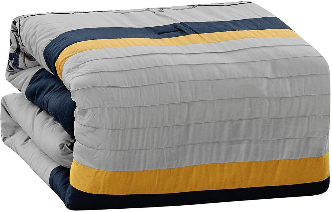 Sapphire Home Luxury 7 Piece Full/Queen Comforter Set with Shams Bed-Skirt Cushions, Gray Navy Blue Yellow Elegant Stripe Damask Pattern, Bed Cover Bed in a Bag, (21670, Queen)