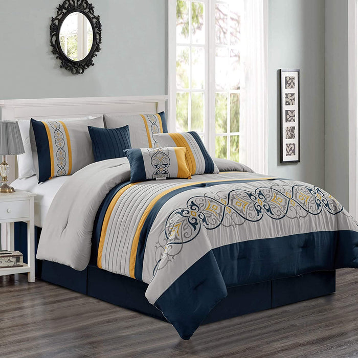 Sapphire Home Luxury 7 Piece Full/Queen Comforter Set with Shams Bed-Skirt Cushions, Gray Navy Blue Yellow Elegant Stripe Damask Pattern, Bed Cover Bed in a Bag, (21670, Queen)