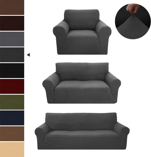 Sapphire Home 3-Piece Brushed Premium SlipCover Set for Sofa Loveseat Couch Arm Chair,Form fit Stretch,Wrinkle Free,Furniture Protector set 3/2/1 Cushion,Polyester Spandex,3pc,Brushed,Dk Gray Charcoal