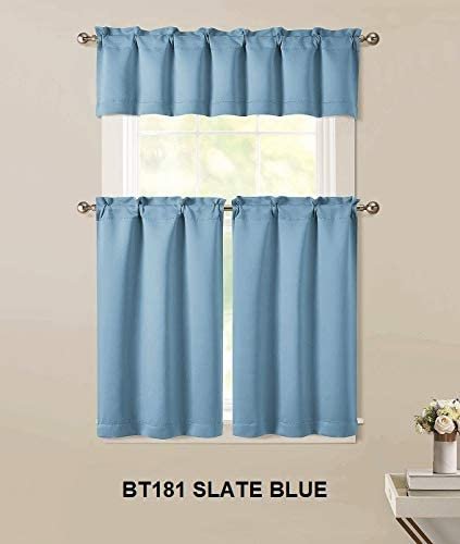 Sapphire Home 3pc Kitchen Curtain 2 Tier (36" L) + 1 Valance (15" L) Semi-Blackout, Woven Fabric Soft Touch,Room Darkening Solid Short Panels,Curtains for Small Window,Tier Panels,(BT181, Slate Blue)