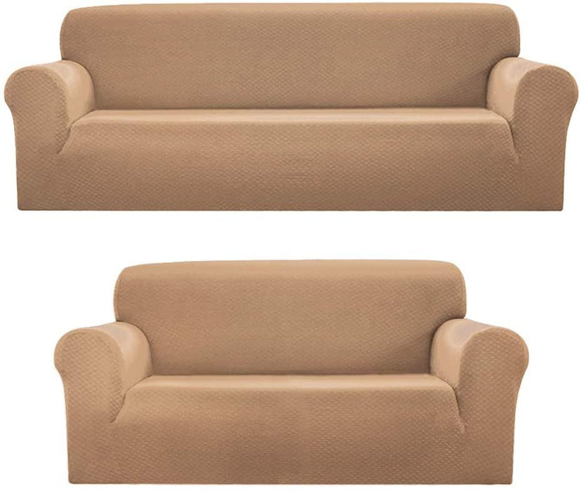 Sapphire Home 2pc SlipCover Set for Sofa Loveseat Couch, Form fit Stretch & Wrinkle Free, Furniture Protector Cover, Premium Fabric, Polyester Spandex, Slipcover Diamond 2pc, Coffee