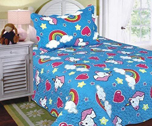Sapphire Home 2pc Twin Size Bedspread Quilt Set Bedding for Kids Teens, Unicorn Pony Hearts Rainbow Multicolor Blue Pink Coverlet, Twin Bedspread + Sham, Twin 11 Unicorn Blue