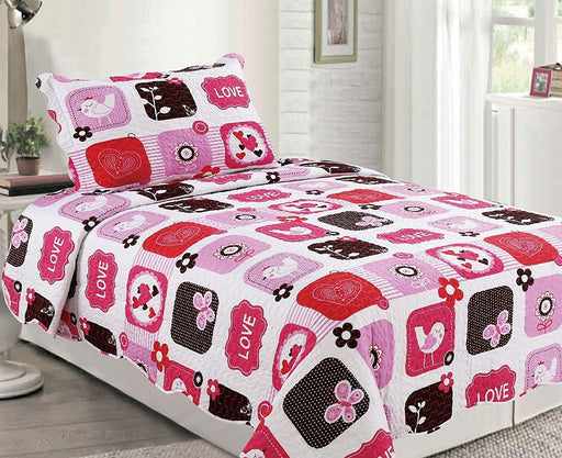 Sapphire Home 2pc Twin Size Bedspread Quilt Set Bedding for Kids Girls, Patchwork Squares Butterfly Love Hearts Coverlet Pink Black White, Twin Bedspread + Pillow Sham, Twin XJ45 Squares Love