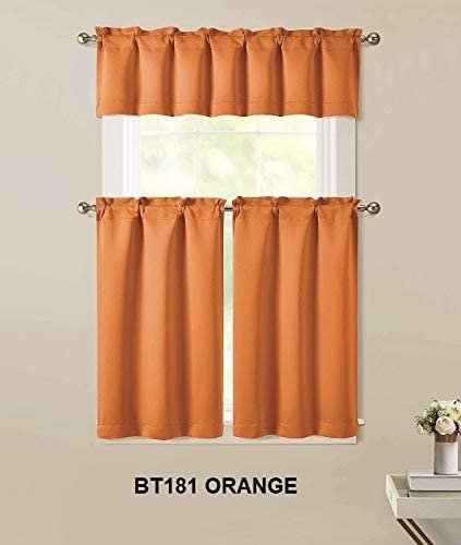 Sapphire Home 3pc Kitchen Curtain 2 Tier (36" L) + 1 Valance (15" L) Semi-Blackout, Woven Fabric Soft Touch, Room Darkening Solid Short Panels, Curtains for Small Window, Tier Panels, (BT181, Orange)