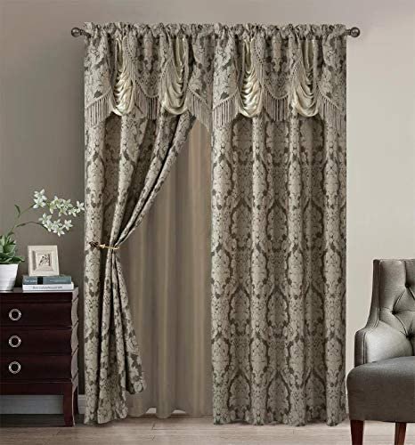 Sapphire Home Fancy Jacquard Window Drape Curtain Panels Set with Attached Valance, Sheer Backing, 2 Tassels, Elegant Damask Floral Pattern, Drape set for Living & Dining Rooms, (Scarlett, 84”, Taupe)