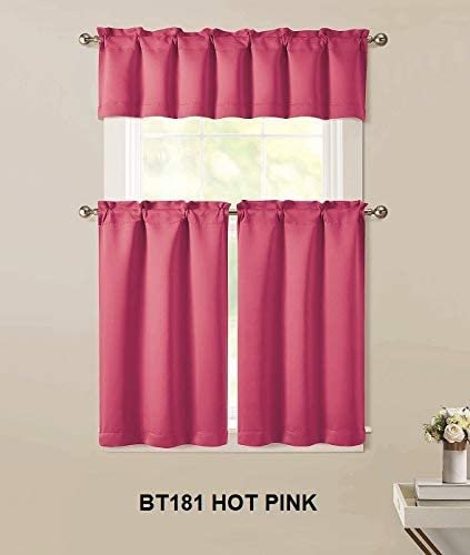 Sapphire Home 3pc Kitchen Curtain 2 Tier (36"L) + 1 Valance (15"L) Semi-Blackout, Woven Fabric Soft Touch, Room Darkening Solid Short Panels, Curtains for Small Window, Tier Panels, (BT181, Hot Pink)