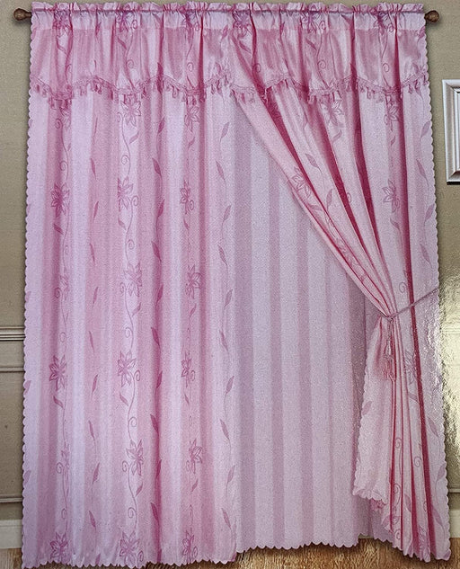 Sapphire Home 2 Panel Window Curtain Set (120" W x 84" L) with Valance and Sheer Backing and 2 Tassels - Faux Silk Shiny Curtain Set - Rod Pocket Drapes - Leaf Floral Design Curtain, Nada Purple