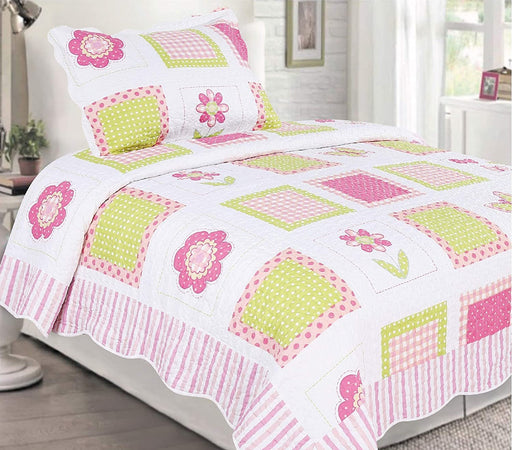 Sapphire Home 2pc Twin Size Bedspread Quilt Set Bedding for Kids Teens Girls, Patchwork Flowers Pink White Green Coverlet, Twin Bedspread + Pillow Sham, Twin CJ21 Pink Patchwork Flower