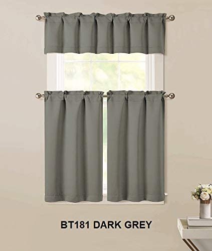 Sapphire Home 3pc Kitchen Curtain 2 Tier (36"L) + 1 Valance (15"L) Semi-Blackout, Woven Fabric Soft Touch, Room Darkening Solid Short Panels, Curtains for Small Window, Tier Panels, (BT181, Dark Grey)