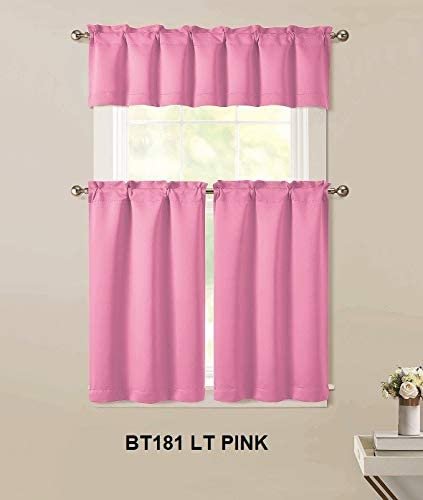 Sapphire Home 3pc Kitchen Curtain 2 Tier (36" L) + 1 Valance (15" L) Semi-Blackout, Woven Fabric Soft Touch,Room Darkening Solid Short Panels,Curtains for Small Window,Tier Panels,(BT181, Light Pink)