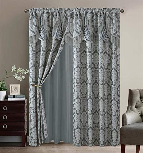 Sapphire Home Fancy Jacquard Window Drape Curtain Panels Set with Attached Valance, Sheer Backing, 2 Tassels, Elegant Damask Floral Pattern, Drape Set for Living & Dining Rooms, (Scarlett, 84”, Gray)