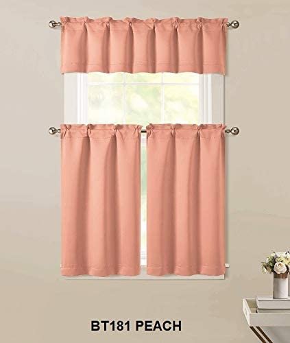 Sapphire Home 3pc Kitchen Curtain 2 Tier (36" L) + 1 Valance (15" L) Semi-Blackout, Woven Fabric Soft Touch, Room Darkening Solid Short Panels, Curtains for Small Window, Tier Panels, (BT181, Peach)