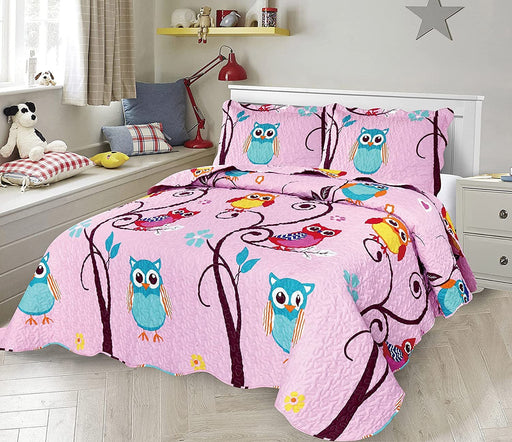Sapphire Home 2 Piece Twin Size Girls Kids Bedspread Coverlet Quilt Set with Sham, Owl Branch Print Pink Yellow Turquoise Girls Kids Bedding Set, Twin Owl Branch