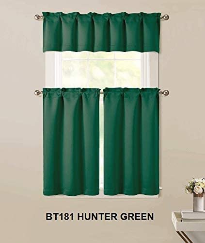 Sapphire Home 3pc Kitchen Curtain 2 Tier (36"L) + 1 Valance (15"L) Semi-Blackout, Woven Fabric Soft Touch, Room Darkening Solid Short Panels,Curtains for Small Window,Tier Panels,(BT181, Hunter Green)