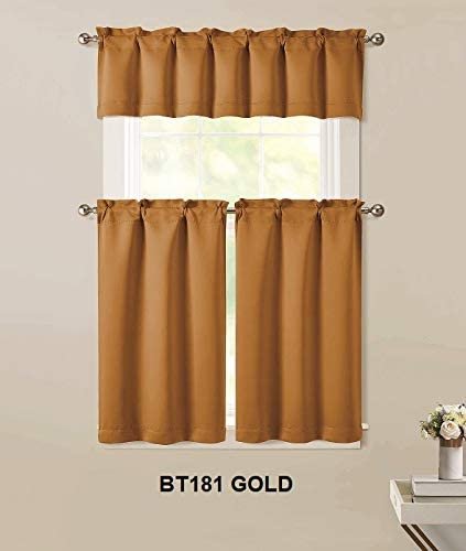 Sapphire Home 3pc Kitchen Curtain 2 Tier (36" L) + 1 Valance (15" L) Semi-Blackout, Woven Fabric Soft Touch, Room Darkening Solid Short Panels, Curtains for Small Window, Tier Panels, (BT181, Gold)