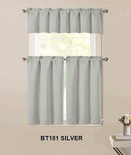Sapphire Home 3pc Kitchen Curtain 2 Tier (36" L) + 1 Valance (15" L) Semi-Blackout, Woven Fabric Soft Touch, Room Darkening Solid Short Panels, Curtains for Small Window, Tier Panels, (BT181, Silver)