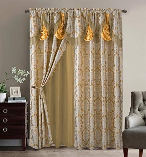 Sapphire Home Fancy Jacquard Window Drape Curtain Panels Set with Attached Valance, Sheer Backing, 2 Tassels, Elegant Damask Floral Pattern, Drape Set for Living & Dining Rooms, (Scarlett, 95”, Gold)