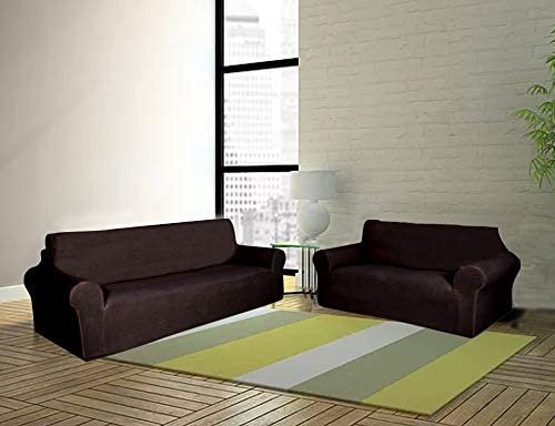 Sapphire Home 2-Piece Brushed Premium SlipCover Set for Sofa Loveseat Couch, Form fit Stretch, Wrinkle Free, Furniture Protector Cover Set for 3/2 Cushions,Polyester Spandex, 2pc,Brushed, Coffee
