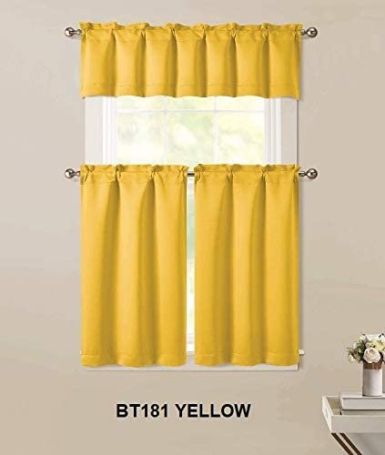 Sapphire Home 3pc Kitchen Curtain 2 Tier (36" L) + 1 Valance (15" L) Semi-Blackout, Woven Fabric Soft Touch, Room Darkening Solid Short Panels, Curtains for Small Window, Tier Panels, (BT181, Yellow)