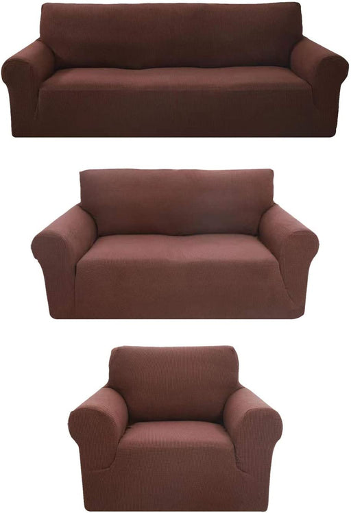 Sapphire Home 3-Piece Brushed Premium SlipCover Set for Sofa Loveseat Couch Arm Chair, Form fit Stretch, Wrinkle Free, Furniture Protector set for 3/2/1 Cushion, Polyester Spandex, 3pc, Brushed, Brown