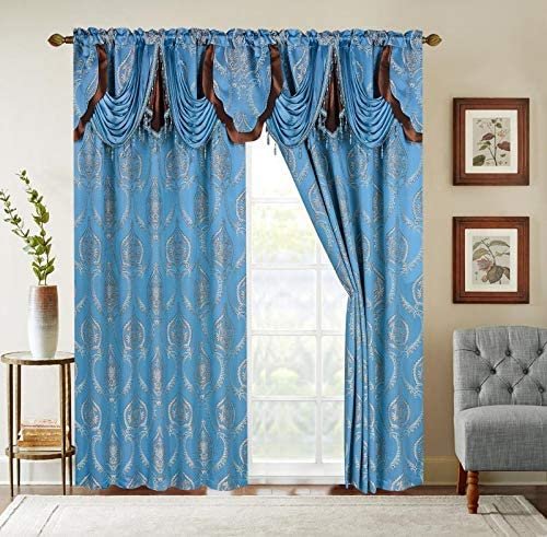 Sapphire Home Jacquard Window Curtain Drape Panels (2 Panels w/Attached Valance and Sheer Backing + 2 Tassels), Traditional Elegant Damask Pattern, Living Dining Room Drapes, (Vine, 84", Blue)