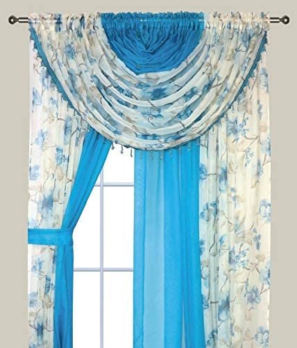 Complete Window Sheer Voile Curtain Panel Set with 4 Attached Panels (55x84" Each) and 2 attached Valances with Beads and 2 Tiebacks - Easy Installation - Multicolor Floral Rose and Solid Beige