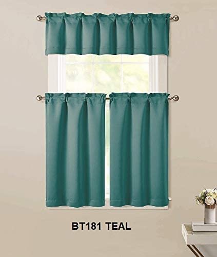 Sapphire Home 3pc Kitchen Curtain 2 Tier (36" L) + 1 Valance (15" L) Semi-Blackout, Woven Fabric Soft Touch, Room Darkening Solid Short Panels, Curtains for Small Window, Tier Panels, (BT181, Teal)