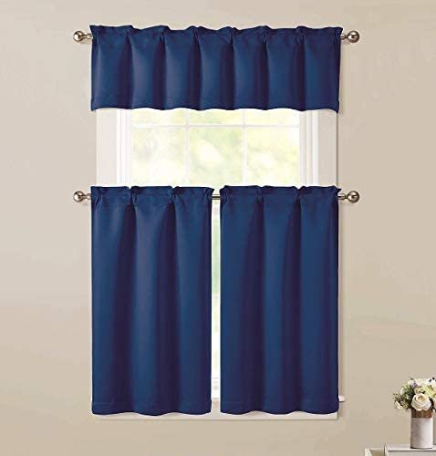Sapphire Home 3pc Kitchen Curtain 2 Tier (36" L) + 1 Valance (15" L) Semi-Blackout, Woven Fabric Soft Touch, Room Darkening Solid Short Panels, Curtains for Small Window, Tier Panels, (BT181, Navy)