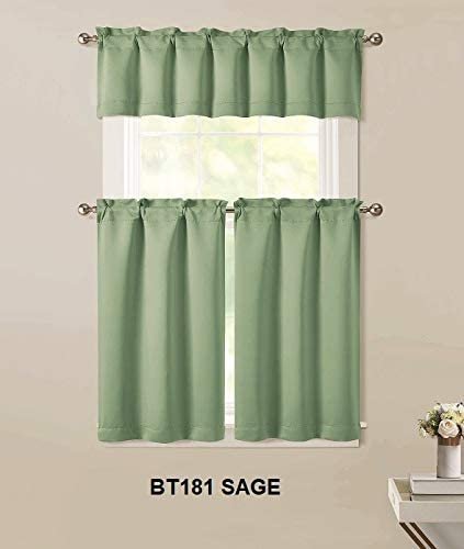 Sapphire Home 3pc Kitchen Curtain 2 Tier (36" L) + 1 Valance (15" L) Semi-Blackout, Woven Fabric Soft Touch, Room Darkening Solid Short Panels, Curtains for Small Window, Tier Panels, (BT181, Sage)