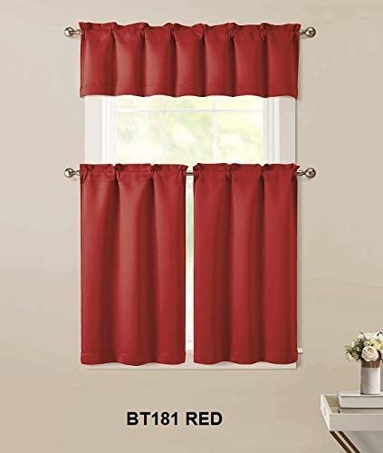 Sapphire Home 3pc Kitchen Curtain 2 Tier (36" L) + 1 Valance (15" L) Semi-Blackout, Woven Fabric Soft Touch, Room Darkening Solid Short Panels, Curtains for Small Window, Tier Panels, (BT181, Red)