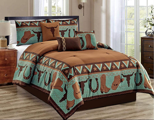 Sapphire Home 7 Piece Queen/King-Cal King Comforter Set with Shams Bedskirt Cushions, Country Western Horse Shoe Boots Cowboy Design Bed Cover Bed in a Bag, Brown Coffee Turquoise