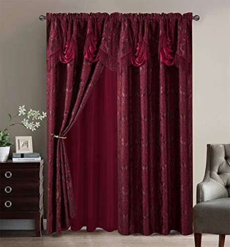 Sapphire Home Fancy Jacquard Window Drape Curtain Panels Set with Attached Valance, Sheer Backing, 2 Tassels, Elegant Damask Floral Pattern, Drape set for Living & Dining Rooms, (Scarlett, 63”, Burgundy)