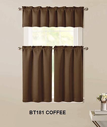 Sapphire Home 3pc Kitchen Curtain 2 Tier (36" L) + 1 Valance (15" L) Semi-Blackout, Woven Fabric Soft Touch, Room Darkening Solid Short Panels, Curtains for Small Window, Tier Panels, (BT181, Coffee)
