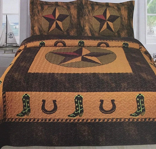 Sapphire Home 3 Piece King Size Quilt Bedspread Set with 2 Shams, Wild Rustic Country/Horseshoe Longhorn Star Design, Turquoise Coffee, King Longhorn Star Turq