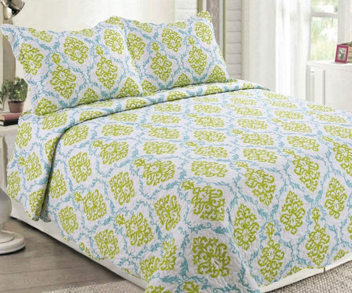 Sapphire Home 3 Piece King Size Bedspread Coverlet Quilt Bedding Set w/2 Pillow Shams, Patchwork Floral/Plaid/Dot Pattern, Green White Gray, King XJ2168