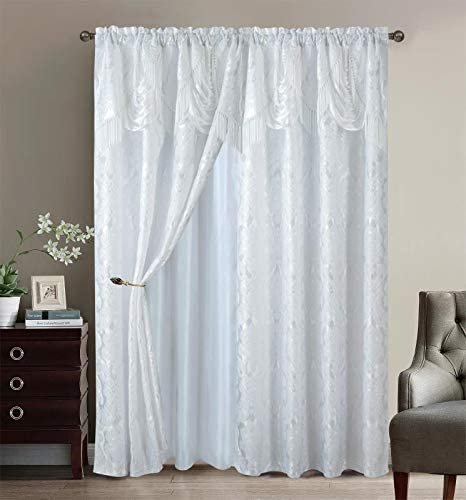 Sapphire Home Fancy Jacquard Window Drape Curtain Panels Set with Attached Valance, Sheer Backing, 2 Tassels, Elegant Damask Floral Pattern, Drape set for Living & Dining Rooms, (Scarlett, 63”, White)