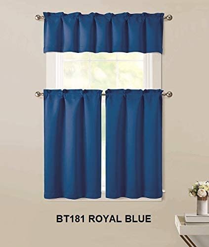 Sapphire Home 3pc Kitchen Curtain 2 Tier (36" L) + 1 Valance (15" L) Semi-Blackout, Woven Fabric Soft Touch,Room Darkening Solid Short Panels,Curtains for Small Window,Tier Panels,(BT181, Royal Blue)