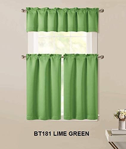 Sapphire Home 3pc Kitchen Curtain 2 Tier (36"L) + 1 Valance (15"L) Semi-Blackout, Woven Fabric Soft Touch, Room Darkening Solid Short Panels,Curtains for Small Window,Tier Panels,(BT181, Lime Green)