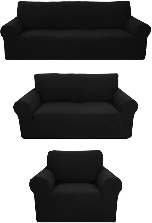 Sapphire Home 3-Piece Brushed Premium SlipCover Set for Sofa Loveseat Couch Arm Chair, Form fit Stretch, Wrinkle Free, Furniture Protector set for 3/2/1 Cushion, Polyester Spandex, 3pc, Brushed, Black