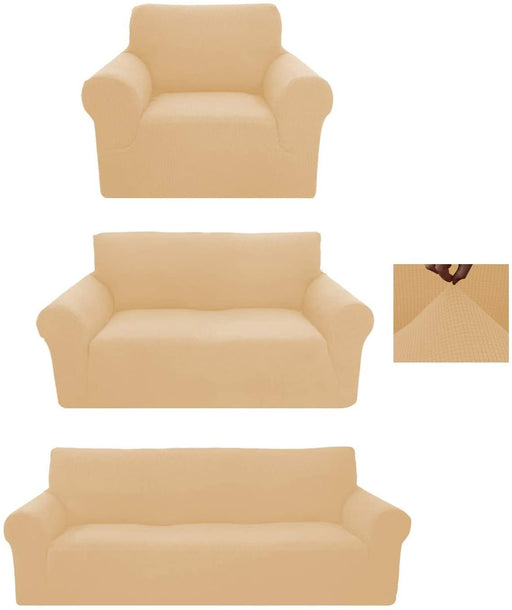 Sapphire Home 3-Piece Brushed Premium SlipCover Set for Sofa Loveseat Couch Arm Chair,Form fit Stretch,Wrinkle Free,Furniture Protector set for 3/2/1 Cushion,Polyester Spandex,3pc,Brushed, Beige/Cream