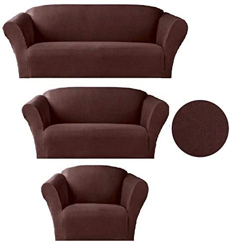 Sapphire Home 3-Piece SlipCover Set for Sofa Loveseat Couch Arm Chair, Form fit Stretch, Wrinkle Free, Furniture Protector Set for 3/2/1 Cushion, Polyester Spandex,3pc Slipcover, Brown