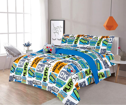 Sapphire Home 6 Piece Twin Size Boys Kids Teens Comforter Set Bed in Bag, Shams, Sheet Set & Decorative Toy Pillow, Kids Comforter Bedding w/Sheets, Video Games Gaming, Blue/Green, 6pc Game