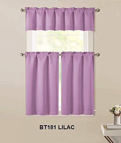 Sapphire Home 3pc Kitchen Curtain 2 Tier (36" L) + 1 Valance (15" L) Semi-Blackout, Woven Fabric Soft Touch, Room Darkening Solid Short Panels, Curtains for Small Window, Tier Panels, (BT181, Lilac)