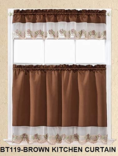 Sapphire Home 3 Piece Kitchen Curtain Linen Set 2 Tiers 30" W (Total Width 60") x 36" L and 1 Tailored Valance 60" W x 14" L, Embroidery Kitchen Curtain Décor Linen, See-Through, Floral Sage, KC 0136