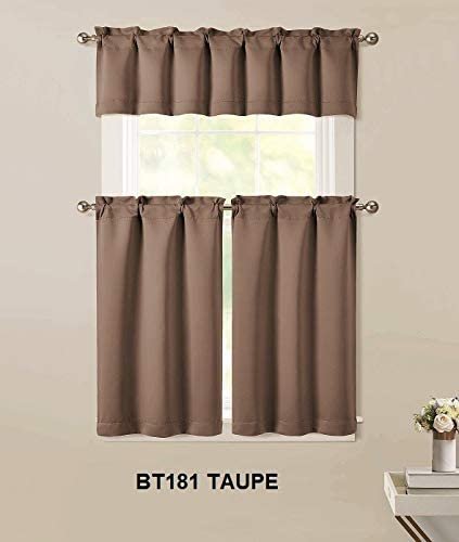 Sapphire Home 3pc Kitchen Curtain 2 Tier (36" L) + 1 Valance (15" L) Semi-Blackout, Woven Fabric Soft Touch, Room Darkening Solid Short Panels, Curtains for Small Window, Tier Panels, (BT181, Taupe)
