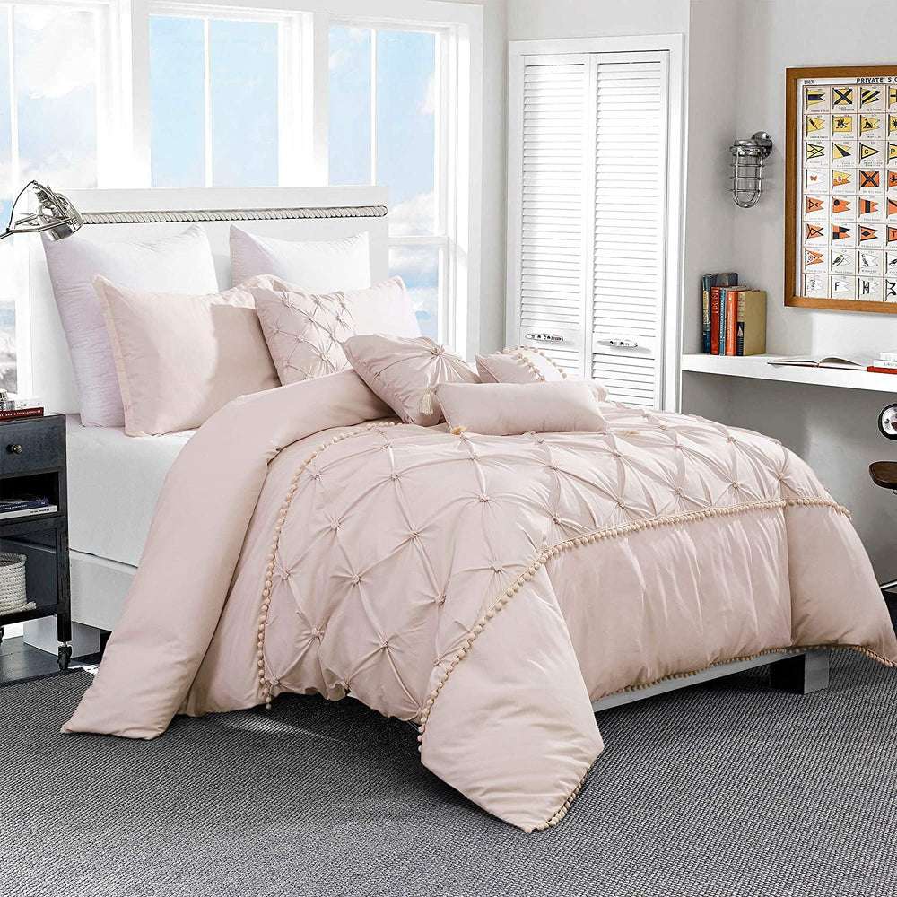 Sapphire Home Luxury 7 Piece Full/Queen/King Comforter Set with Shams Cushions, Unique Pinch Pleat Pintuck Style, All Season Comforter, Bed Cover Bed in a Bag