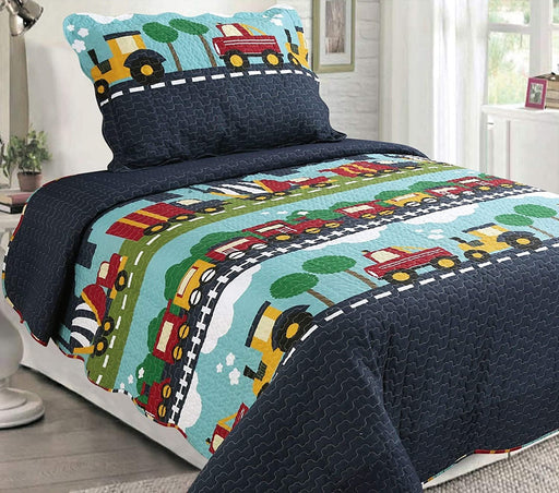 Sapphire Home 2pc Twin Size Bedspread Quilt Set Bedding for Kids Teens Boys, Trucks Train Tractor Coverlet Navy Blue, Twin Bedspread + Pillow Sham, Twin CJ28 Truck Train
